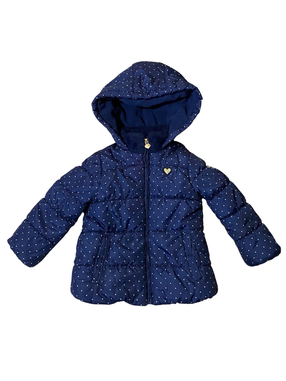 OshKosh B’gosh Girls Puffer Coat 4T Navy Polka Dot Fleece Lined Hood Winter - Picture 3 of 8